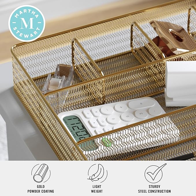 Martha Stewart Ryder Gold Mesh Metal 6 Compartment Large Desk Drawer Organizer for Accessories and Office Supplies