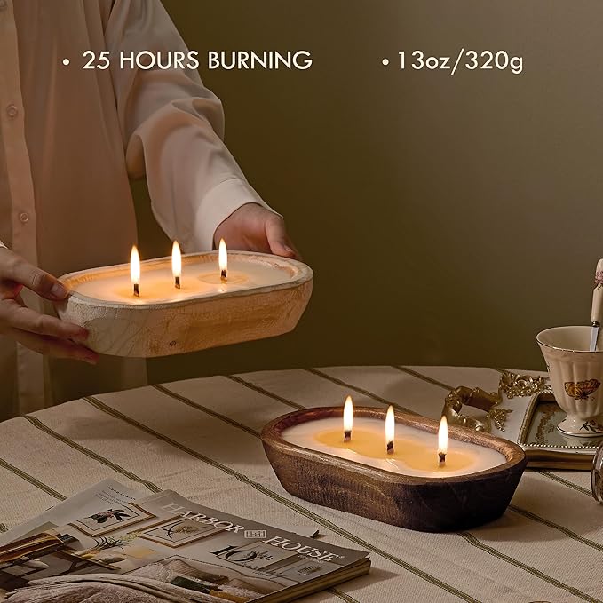 Woodronic Dough Bowl Candle, 3 Wick Candles Rustic House Decor, 20 Ounce Natural Soy Wax Candle in Wooden Bowls, Odor Eliminator & Non Toxic, Botanical Scented Gifts for Men & Women, Lavender, Brown