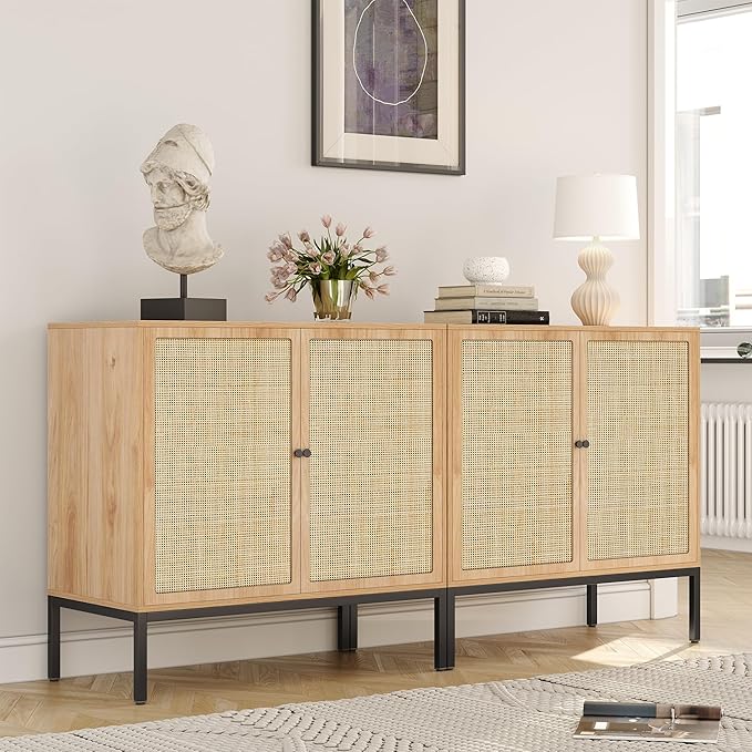 Yechen Set of 3 94.5" Sideboard Cabinet with Natural Rattan Decorated Square Doors, Rattan Cabinet, Accent Buffet Console Storage Credenza, for Living Room Entryway Kitchen, Natural, Metal Legs