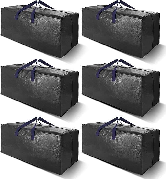 VELVETSURE Heavy Duty Extra Large Moving Bags W/Backpack Straps - Strong Handles & Zippers, Storage Totes For Space Saving, Fold Flat, Alternative to Moving Box and Storage Bin (Set of 6, Black)