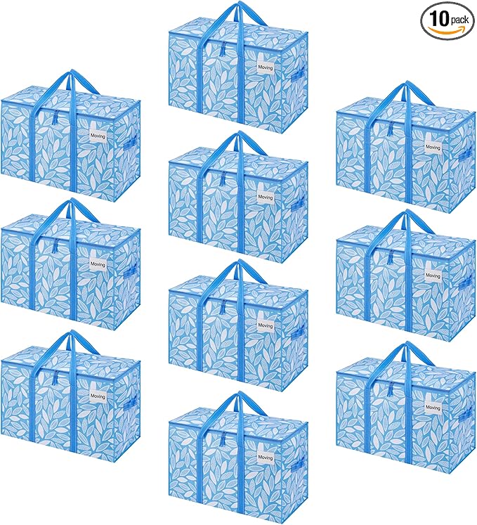 VENO 10 Pack Heavy Duty Moving Bags, Extra Large Storage Bags with Reinforced Handles & Strong Zippers, Foldable & Reusable Moving Box Alternative for Clothes & Dorm Storage