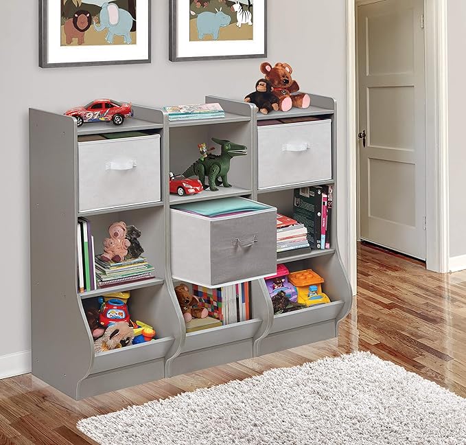 Badger Basket Upright Storage Nook with Reversible Basket - Melamine Surface, 2 Shelves & 1 Angled Bin, Customizable Storage Solution for Kids - Woodgrain Gray