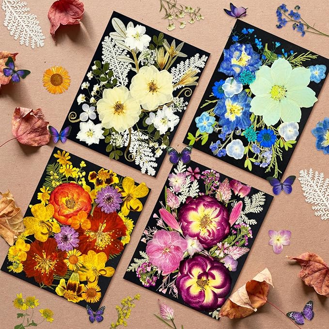 142Pcs Dried Flowers, Dried Pressed Flowers for Crafts, Natural Dried Pressed Flowers for Resin with DlY Butterfly Stickers&Tweezers for Photo Frames, Scrapbooks, Candles, Jewelry Making, Resin Molds