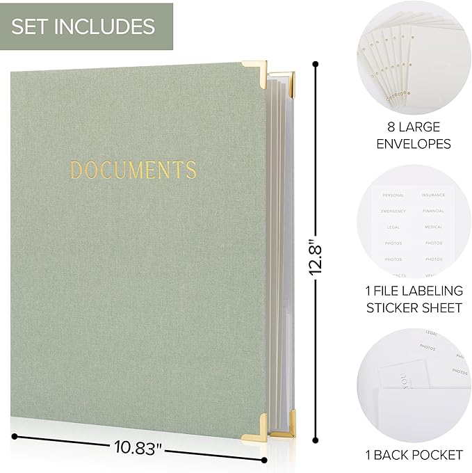 Sturdy Document Organizer Set with Folders - Beautiful Linen 3-Ring Binder Safely Stores All Important Documents & Files in One Place - Easy to Use Expanding Storage Incl. Envelopes, Pockets & Labels