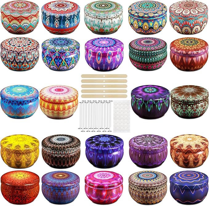 Domivirgo 24 Empty Candle Tins 2.5 oz with Lids - Simple Candle-Making Kit, Includes 26 Wicks, 5 Holders & 32 Stickers, Multi-Purpose Storage Containers for Crafts & Small Items (2.5oz)