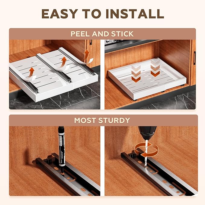 4 Pack Pull Out Cabinet Organizer for Pots and Pans, Upgraded 3-Slide Rail System with Adhesive Pads, Expandable Width (15.2"-26.2") Fits 21" Deep Framed/Frameless Cabinets, White Slide-Out Shelves