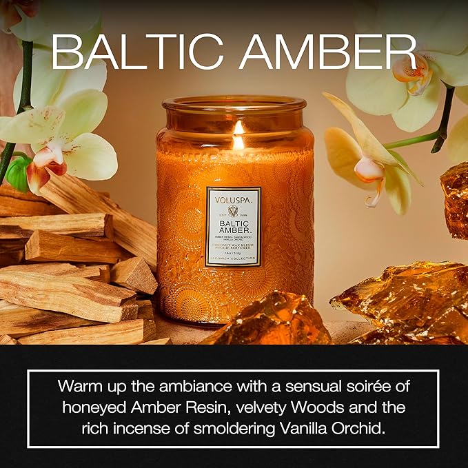 Voluspa Baltic Amber Candle, 18 oz, Coconut Wax Blend, Scented Candles for Home, 100 Hour Burn Time, Candle Jar