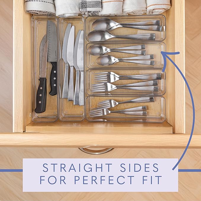 primebox Six Pcs. Plastic Clear Drawer Organizers. Stackable Storage Trays for Kitchen Utensils and Silverware. 2 Sizes. Stackable