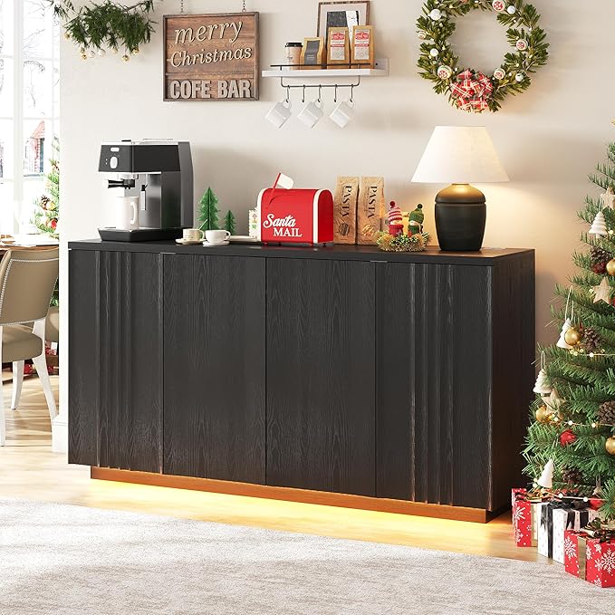 63'' Buffet Cabinet with Storage, Coffee Bar with 4 Doors & 2 Adjustable Shelves, Modern Sideboard Table with 3 Color LED Light for Kitchen (Black)