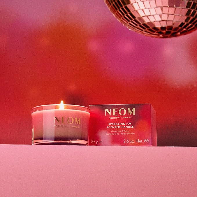 NEOM Sparkling Joy Travel Candle, 1 Wick, 75g I Ginger, Lime and Vetiver I 100% Naturally Derived Wax I 100% Natural Fragrances I Invigorating