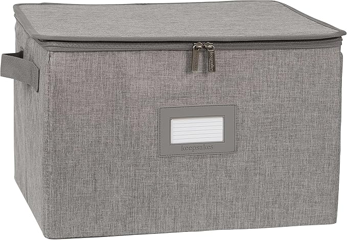 Covermates Cup and Mug Storage Box with Dividers, Stackable Organizer for Coffee Mugs & China Cups, Heavy-Duty Polyester with Handles, Zipper Closure & ID Window, Grey Heather