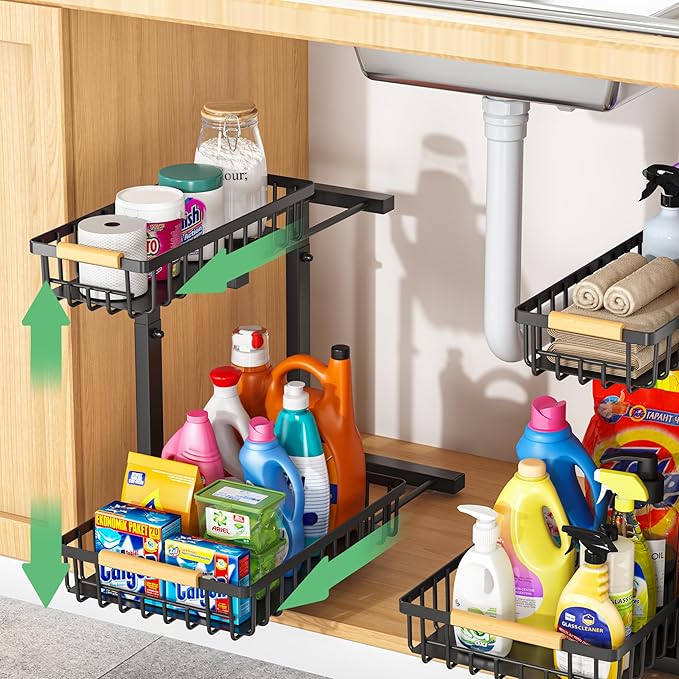 Under Sink Organizers,5 Adjustable Height，Metal Pull Out Under Sink Organizers and Storage Shelves with Sliding Drawer, Black, 2 Pack（Hight 13.6″-16.9″）
