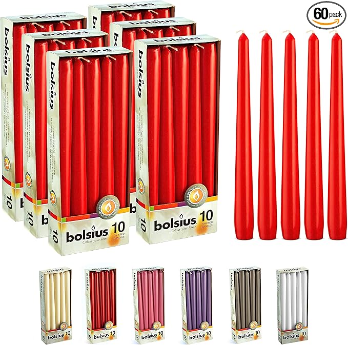 BOLSIUS 60 Count Unscented 10 Inch Red Household Taper Candles - 8 Hours Burn Time - Premium European Quality - Smokeless Dripless Taper Candlestick - Great for Special Occasion, Church, and Everyday
