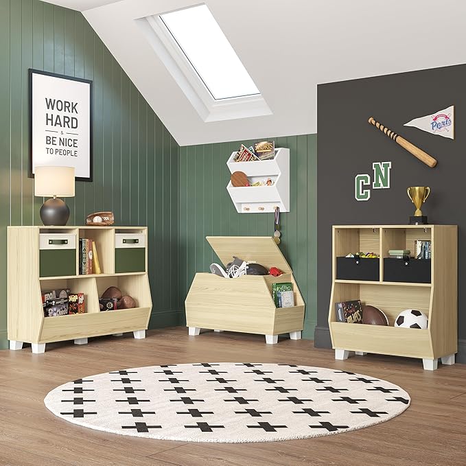 RiverRidge Catch-All Kids Toy Storage Organizer with 3 Cubbies and 2 Storage Bin Compartments - 35 Inch Wide Light Woodgrain Kids Room Decor Toy Organizers and Bins