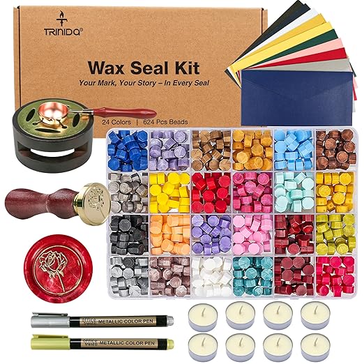 TRINIDa Wax Seal Kit, Premium Wax Seal Stamp Kit with 24 Colors 624 Pcs Beads, Metallic Pens, Warmer, Spoon and Tea Candles for Wedding Invitation, Letter Envelope, Gift Cards & DIY Crafts