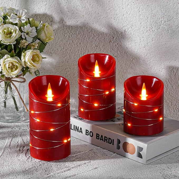 HaitanghuaRechargeable Flickering Candle with String Lights, Remote Control, 2/4/6/8 Hour Timer Function, USB Rechargeable Candle, Real Wax LED Candle, (4/5/6 inches) red, Three-piece Set.