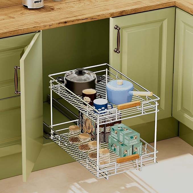 Mount Walker Pull Out Cabinet Organizer(14" W x 21" D), 2 Tier Slide Out Shelves with Wood Handle, Sliding Drawer Pull Storage Shelf for 15-1/4” Cabinet Opening, Chrome
