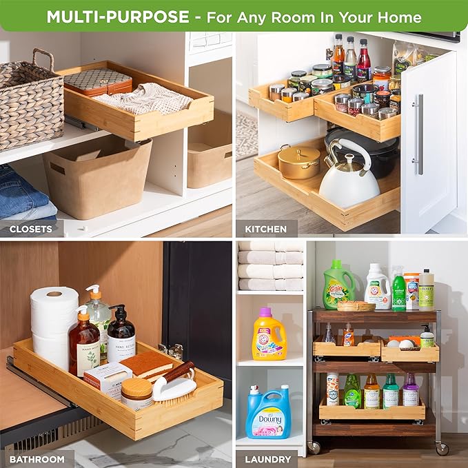 HOLDN’ STORAGE Bamboo Wooden Pull out Cabinet Organizer 11"W x 21"D Requires At Least a 12.25"W x 21"D Cabinet Opening W/Lifetime Limited Warranty, Bamboo Tray and Heavy Gauge Metal Rails