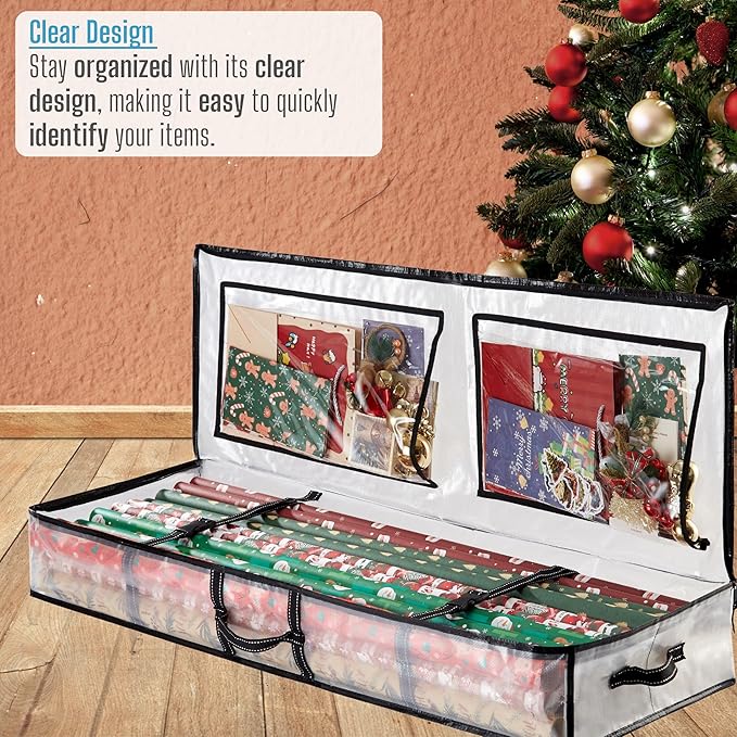 VENO Clear Wrapping Paper Organizer Storage Box for Christmas Gift Bags and Holiday Accessories, Underbed Storage Container with Interior Pockets, 40 Inches Long Fits 24 Rolls
