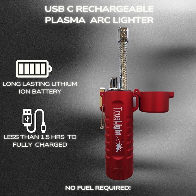 TrueLightEssentials Electric Rechargeable Plasma Lighter - Waterproof USB Arc Lighters with Flashlight LED Battery Indicator and Flexible Neck for Candle Survival Camping Emergency (Red, Long)