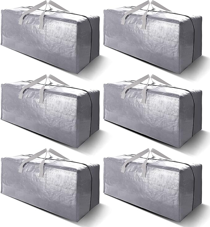 VELVETSURE Heavy Duty Extra Large Moving Bags W/Backpack Straps - Strong Handles & Zippers, Storage Totes For Space Saving, Fold Flat, Alternative to Moving Box and Storage Bin (Set of 6, Silver)