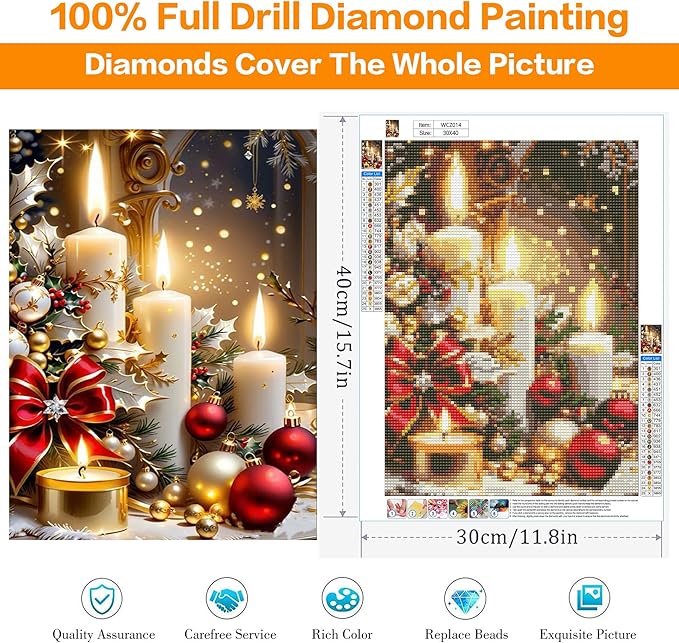 Diamond Art Kits for Adults, Christmas Candles Diamond Painting Kits for Beginners, 5D Full Drill Gem Art Paint with Diamonds Dots Crafts Kits for Home Decor Gift 12x16inch