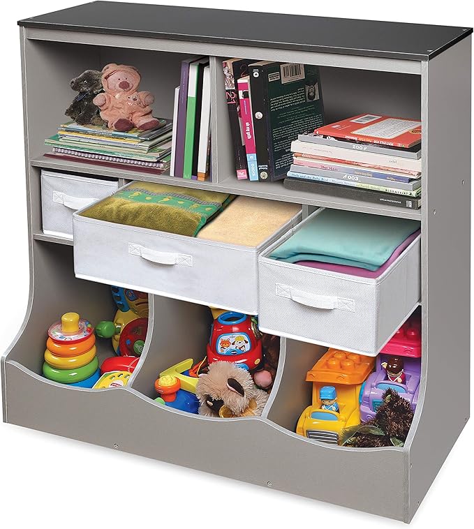 Badger Basket Combo Toy Storage Organizer and Bookshelf - Kids Storage Unit with 3 Removable Baskets, Open Shelves, Top Display Surface - Woodgrain and Gray
