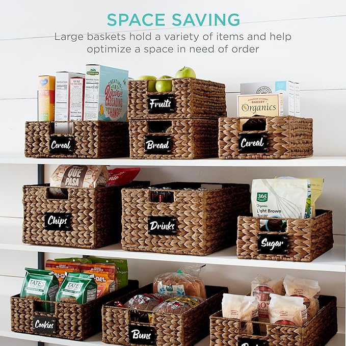 Best Choice Products Set of 4 9x12in Water Hyacinth Pantry Baskets, Woven Organizers w/Chalkboard Label, Chalk Marker - Chestnut