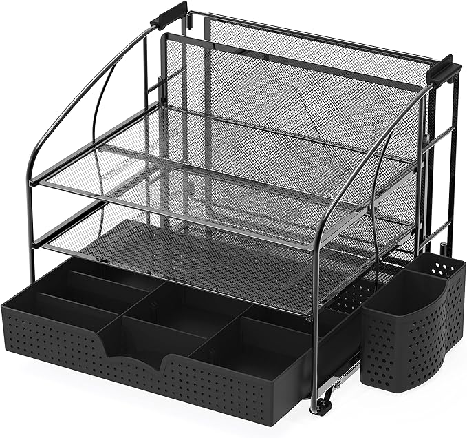 Simple Houseware 3-Tier Desk Organizer with Sliding Drawer, Hanging File Holder and Pen Holder Accessory, Black