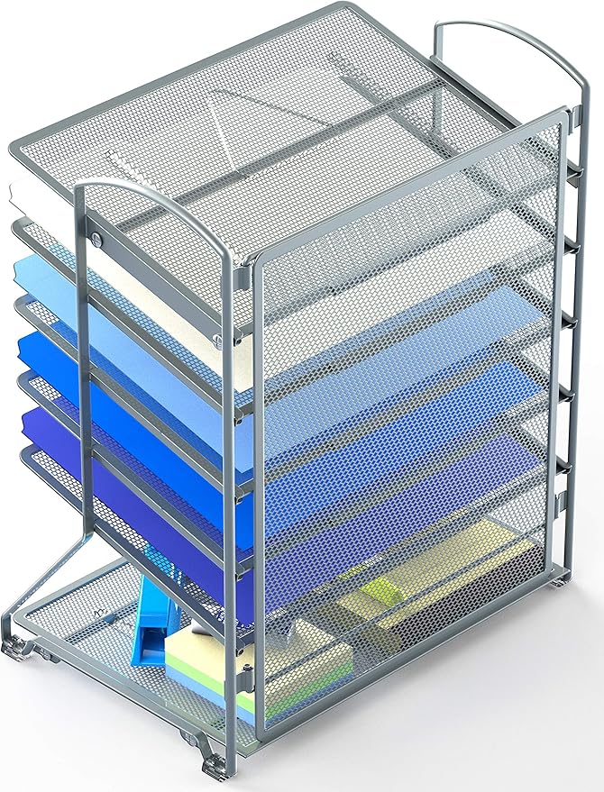 Simple Houseware 6-Tier Sliding File Organizer, Desk Letter Tray for Document and Mail Sorting, Silver