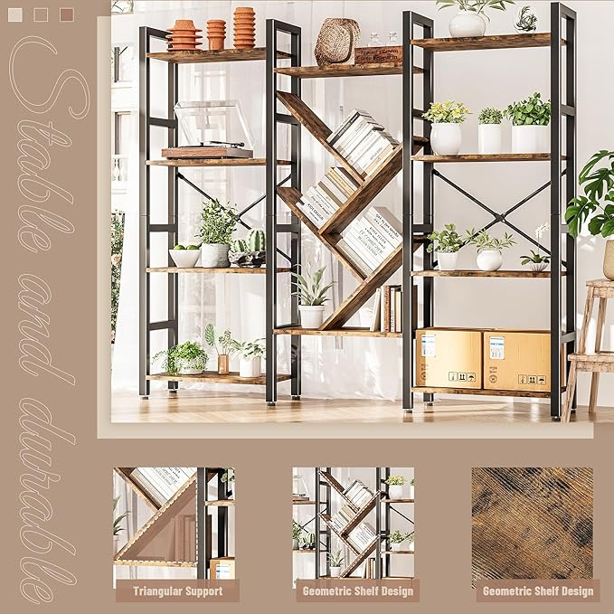 Triple 4 Tier Book Shelf, Large Industrial Bookcase with Storage Cabinet, Tall Bookshelf with Open Display Shelves Furniture for Living Room Bedroom Home Office Rustic Brown