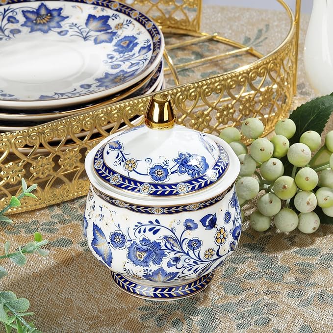 fanquare Porcelain Tea Sets,Blue British Coffee Cups& Saucer Service for 6, with Teapot,Sugar Bowl,Creamer Pitcher and Golden Metal Rack
