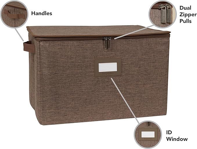 Covermates Keepsakes Zip-Top Storage Box Set, 3 Pack Heavy Duty Polyester Organizer Bins, Stackable Design, ID Window, Reinforced Handles, Closet Home Storage, Brown Heather
