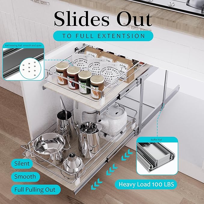 2 Tier Pull Out Cabinet Organizer 11" W X 22" D, Slide Out Drawers For Kitchen Cabinets, Pull Out Drawers For Cabinets Capacity Heavy Duty Caddy, Cabinet Pullout Shelves Wood Chrome, Pantry Storage
