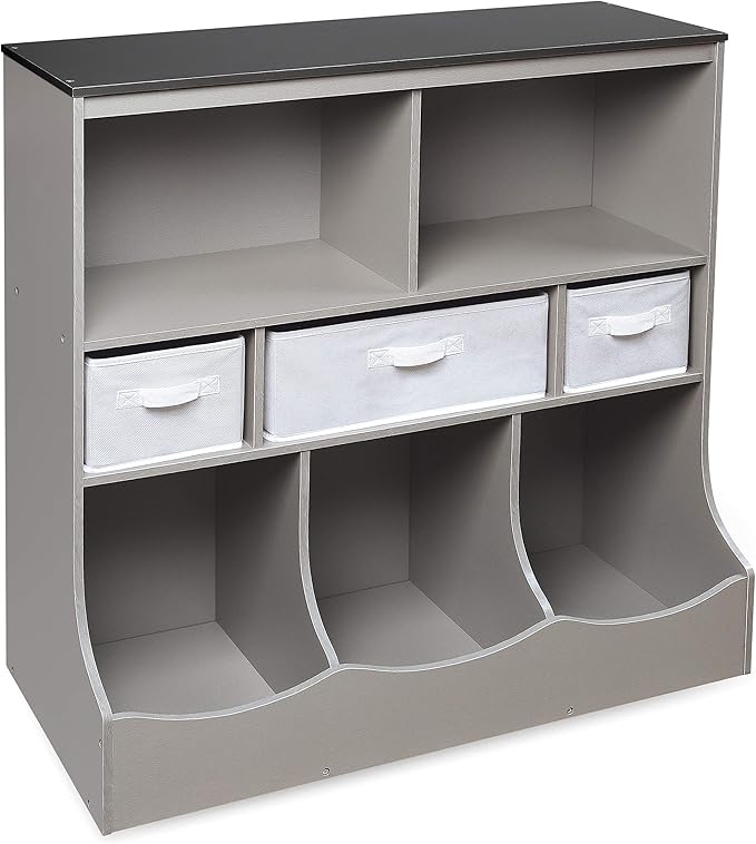 Badger Basket Combo Toy Storage Organizer and Bookshelf - Kids Storage Unit with 3 Removable Baskets, Open Shelves, Top Display Surface - Woodgrain and Gray