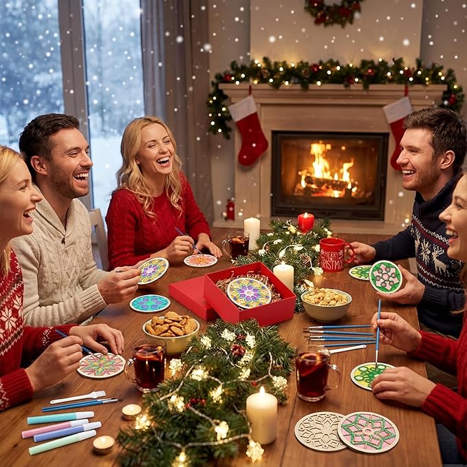 Fiwochic 24 Sets Winter Snowflake Sand Art Kits Double Layered Wooden Winter DIY Coasters Craft Snowflake Make Your Own Cup Coasters for DIY Holiday Activities Table Decoration