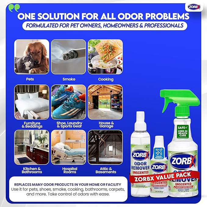 ZORBX Unscented Odor Eliminator for Strong Odor 3 items Bundle: 16 Oz + 7.5 Oz + 2 Oz - Used in Hospitals & Healthcare Facilities - Fast-Acting Odor Remover Spray for Dog, Cat, House & Carpet