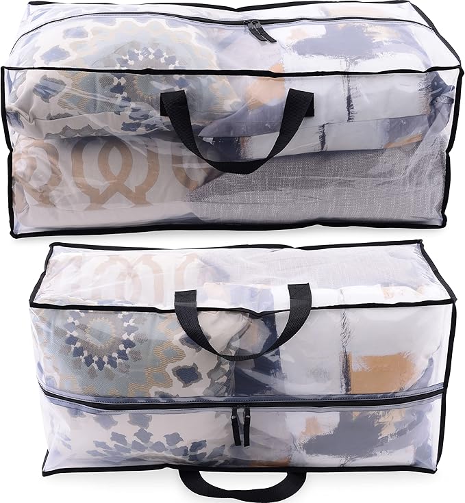 ZENPAC Clear Blanket Storage with Handles, Zippered Plastic Bags, Heavy Duty, Waterproof for Packing Clothes, Linens, Comforters, 27x12x13.75, 3 Pack