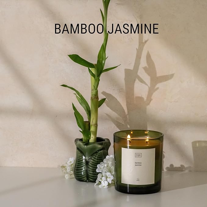 Craft & Kin 12oz Bamboo Jasmine Candle for Home | Premium Green Scented Candles for Men | Winter Candles Made with Natural Soy | Holiday Candle Gifts for Men and Women | Nature Collection