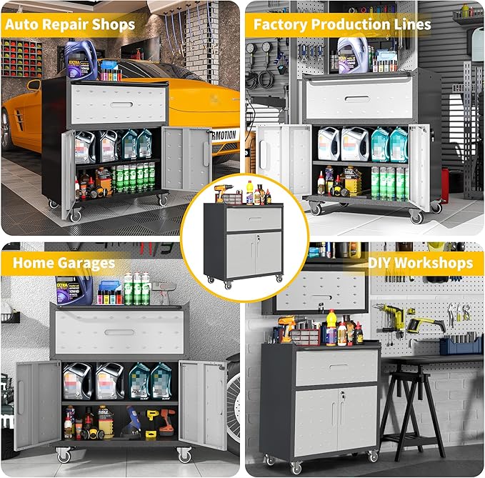 Garage Storage Cabinets with Wheels, Locking Metal Storage Cabinets with 2 Doors and 1 Drawer, Easy Assembly Tool Cabinet for Garage, Basement,Warehouse