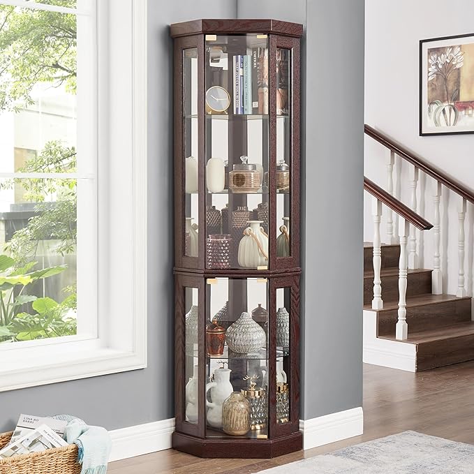 69" H Lighted Curio Cabinet Corner Display Case,Corner Glass Cabinet with Tempered Glass Door and Adjustable Shelves,Wooden Curio case with Mirrored Back Pane (Style 2 - Dark Cherry)