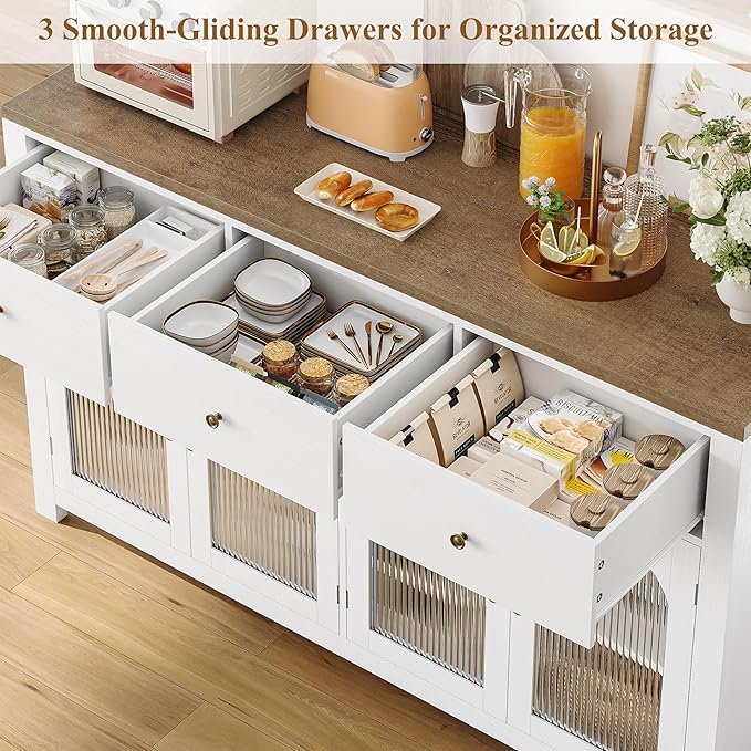 FINETONES Buffet Cabinet with Storage, 55.1" Large Sideboard Buffet Cabinet, Farmhouse Kitchen Cabinets with 3 Drawers and 4 Doors, Wood Coffee Bar for Kitchen Dining Room