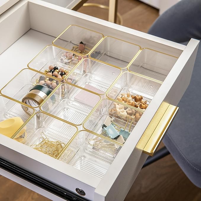 Martha Stewart Kerry Plastic Stackable Office Desk Drawer Organizers, 3" x 3", 12 Pack, with Gold Trim