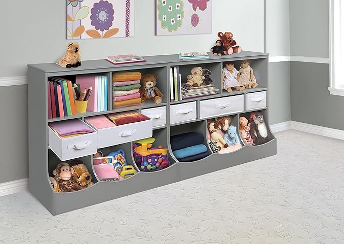 Badger Basket Combo Toy Storage Organizer and Bookshelf - Kids Storage Unit with 3 Removable Baskets, Open Shelves, Top Display Surface - Gray