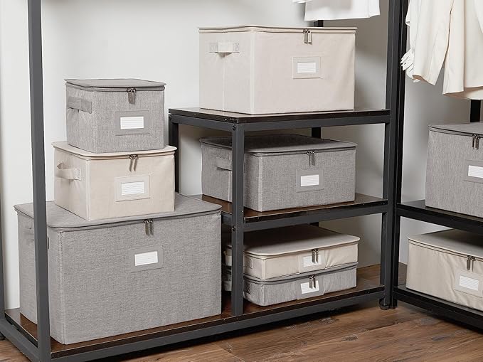 Covermates Keepsakes Zip-Top Storage Box Set, 3 Pack Heavy Duty Polyester Organizer Bins, Stackable Design, ID Window, Reinforced Handles, Closet Home Storage, Grey Heather