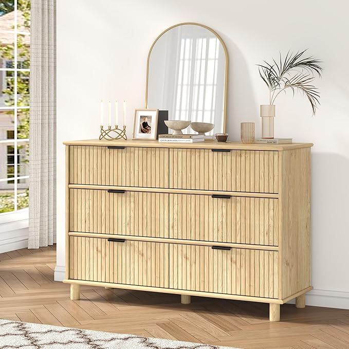 Fluted 6 Drawer Dresser for Bedroom, 47.8" Wide Chest of Drawers with Solid Wood Legs, Wooden Modern Double Dresser TV Stand Organizer for Living Room, Hallway Natural Oak