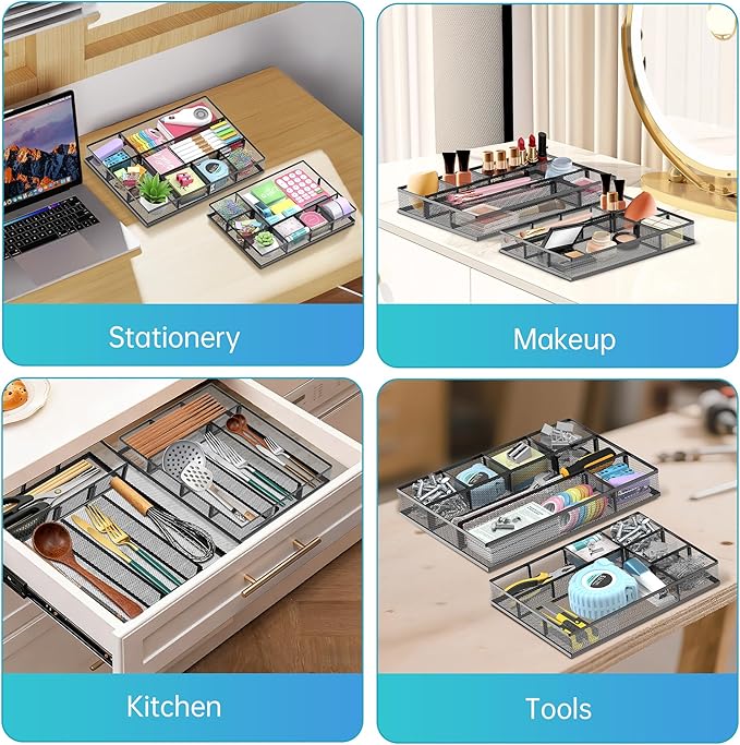 SUPEASY 2 Pack Mesh Drawer Organizer, Metal Desk Drawer Organizer Tray with 8 Adjustable Compartments, Desk Organizers and Accessories for Office Supplies, Kitchen, Makeup & Vanity (Black)