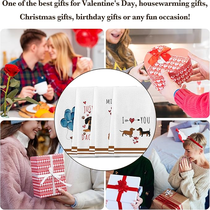 DETIHO Dachshund Gifts for Women, Weiner Dog Lover Kitchen Gifts for Women, Set of 4 Cute Kitchen Towels Decor, Hand Tea Towels for Kitchen Dish 16x24 Inches (A05)