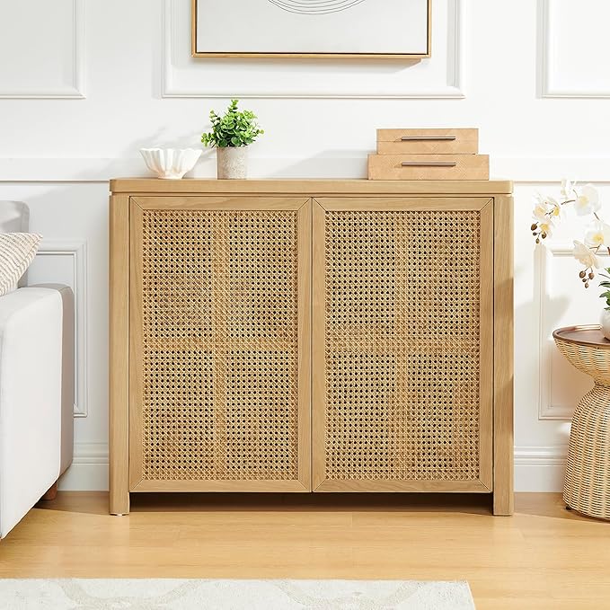 Amposei Mid Century Modern Rattan Sideboard 39.4’’ Small Coffee Bar Console Buffet Cabinet Table for Living Dining Room Entryway Hallway, Natural