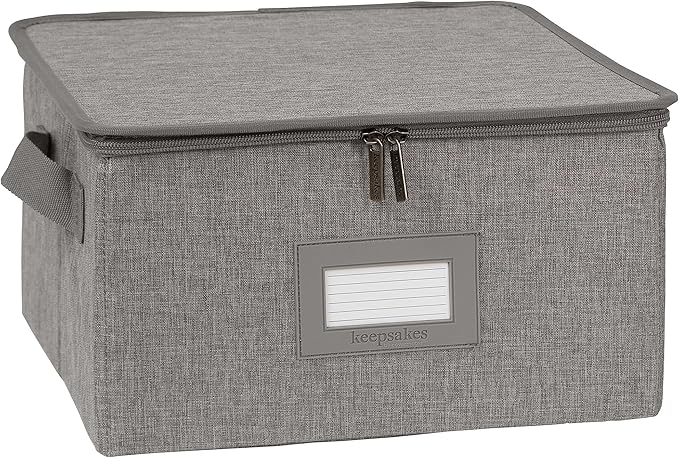 Covermates Dish Storage Box – China & Dinner Plate Storage Container with Dual Zippers, Reinforced Handles, ID Window & Stackable Structured Walls for Dishware Organization, Grey Heather